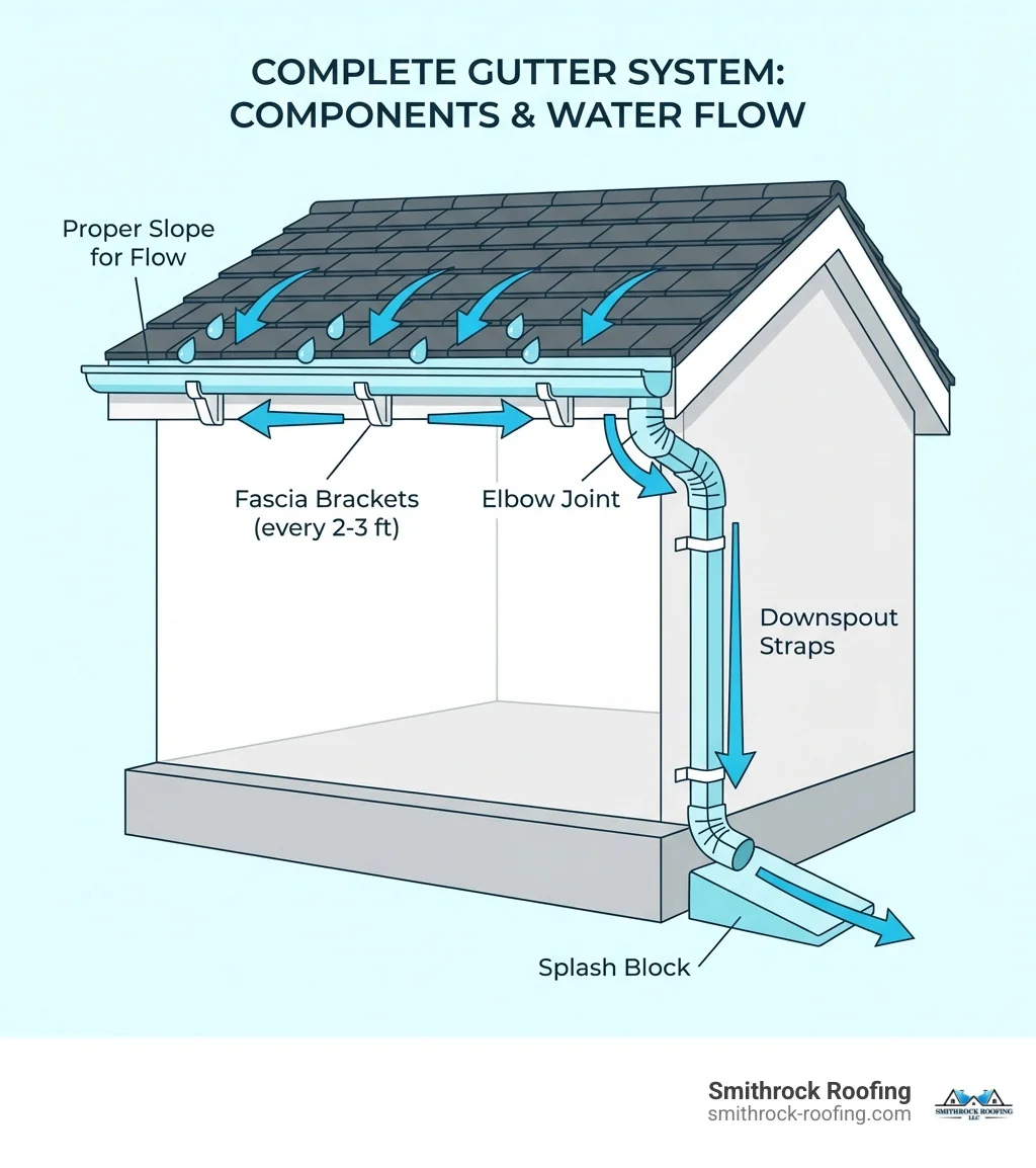 Complete gutter system infographic showing cross-section of a house with labeled components: gutter sections mounted along roofline with proper slope, fascia brackets securing gutters every 2-3 feet, downspout outlets at corners, elbow joints connecting to vertical downspouts, downspout straps securing to wall, splash blocks directing water away from foundation, and arrows showing water flow path from roof through system - gutter installation for homes infographic Gutter installation infographic showing water flow from roofline through gutters, downspouts, and splash blocks away from fou