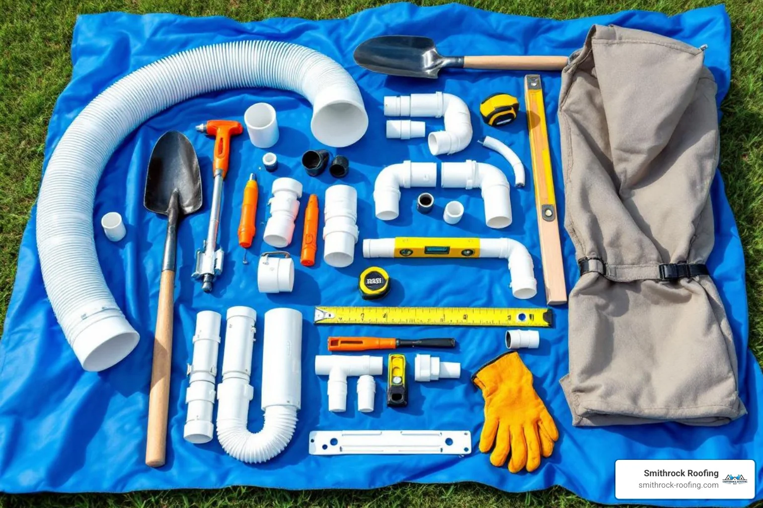 Tools and materials neatly laid out on a tarp for a downspout installation - Buried downspout installation Tools and materials neatly laid out on a tarp for a downspout installation - Buried downspout installation