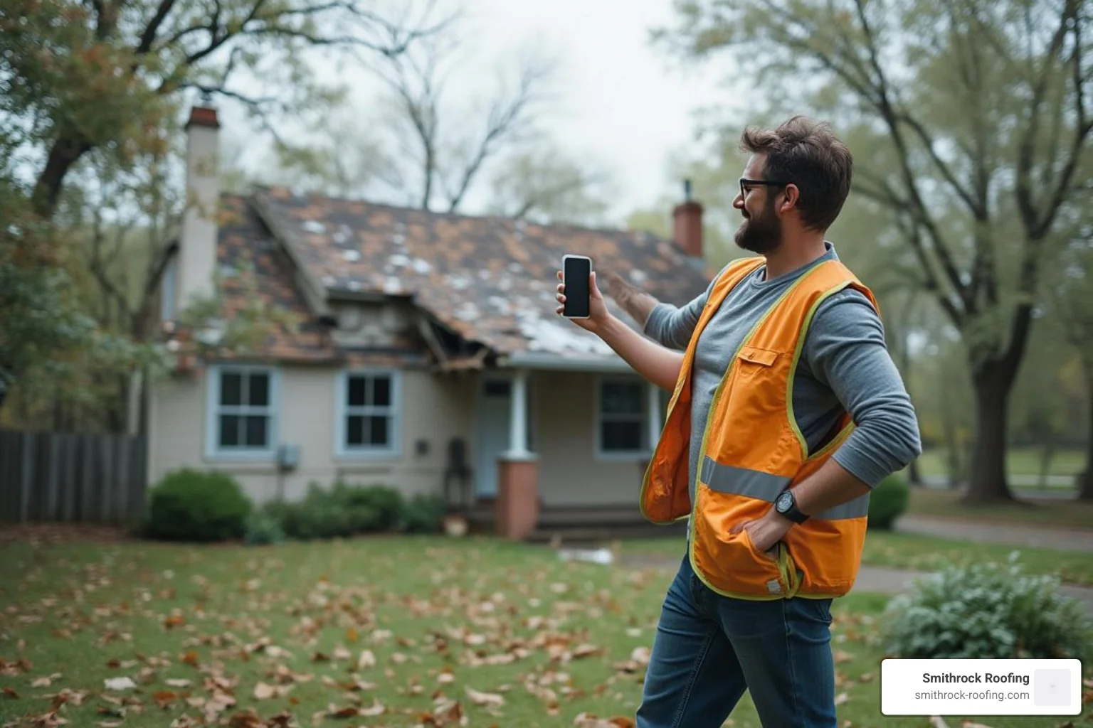 a homeowner safely taking photos of roof damage from the ground - wind damage to roof a homeowner safely taking photos of roof damage from the ground - wind damage to roof
