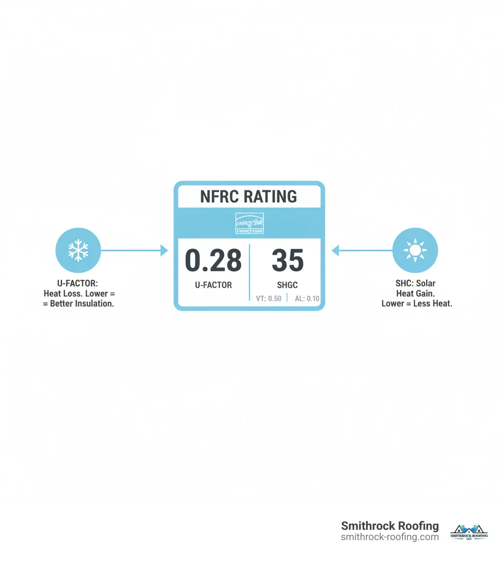 An NFRC label clearly displaying the U-Factor and SHGC values for a window, with callouts explaining what each metric represents - energy efficient window upgrades infographic NFRC label showing U-Factor and SHGC ratings with callouts for energy efficient window upgrades
