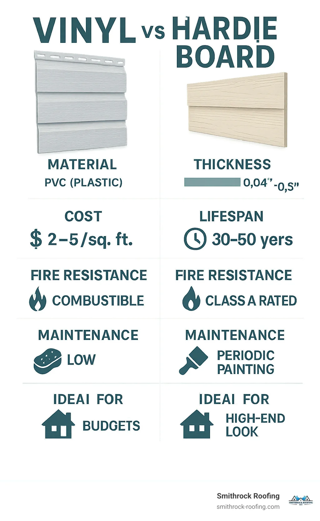 Vinyl vs Hardie board siding infographic comparing cost, lifespan, fire resistance, thickness, and maintenance requirements f