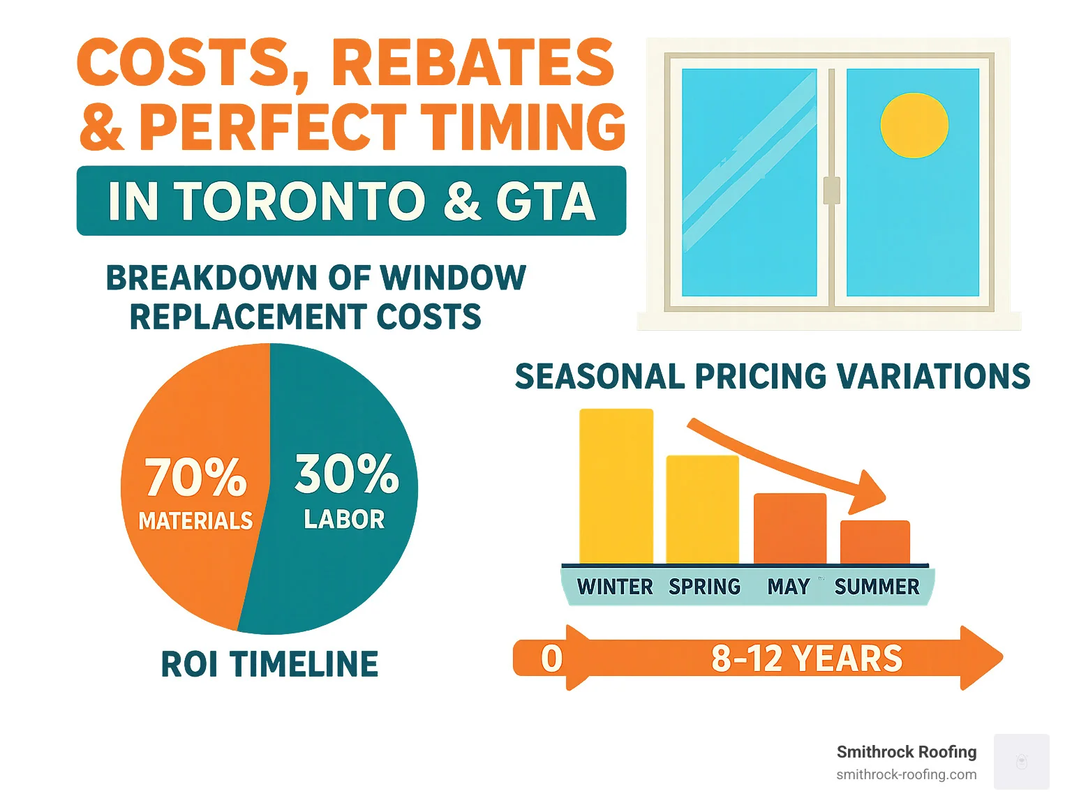 Infographic showing window installation and replacement costs: material vs labor split, seasonal pricing, and ROI timeline