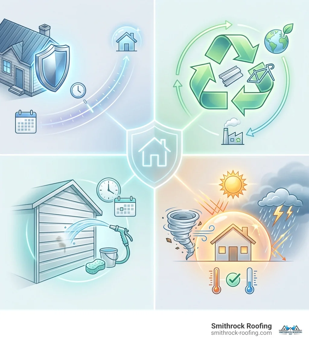 Infographic showing the four key benefits of aluminum siding: Durable construction lasting 20-40 years, Highly Recyclable with minimal environmental impact, Low-Maintenance requiring only occasional cleaning, and Weather-Resistant performance in extreme conditions including high winds and temperature fluctuations - aluminum siding companies near me infographic Infographic highlighting four key benefits of aluminum siding: durability, recyclability, low maintenance, and weather resist