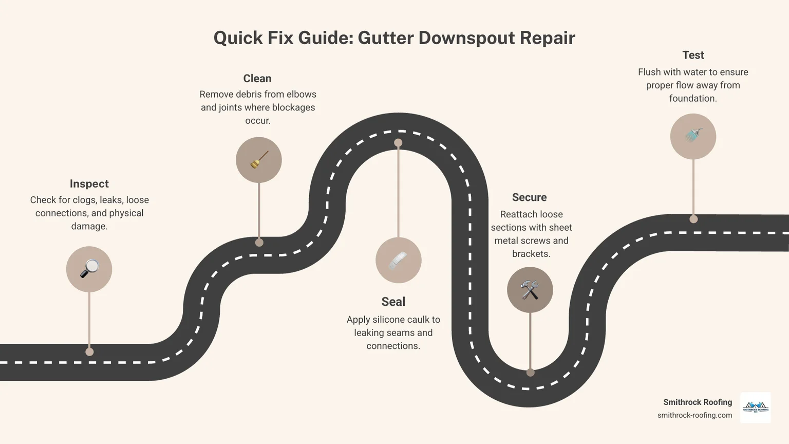 Infographic showing the complete gutter system components: roof edge with fascia board, gutter channel collecting water, downspout outlet connecting to vertical downspout pipe, elbow joints directing flow, wall brackets securing the downspout, and splash block or extension at ground level directing water away from foundation - Gutter downspout repair infographic roadmap-5-steps Gutter system diagram showing fascia, channel, downspout, elbow joints, brackets, and splash block for smooth water flow.