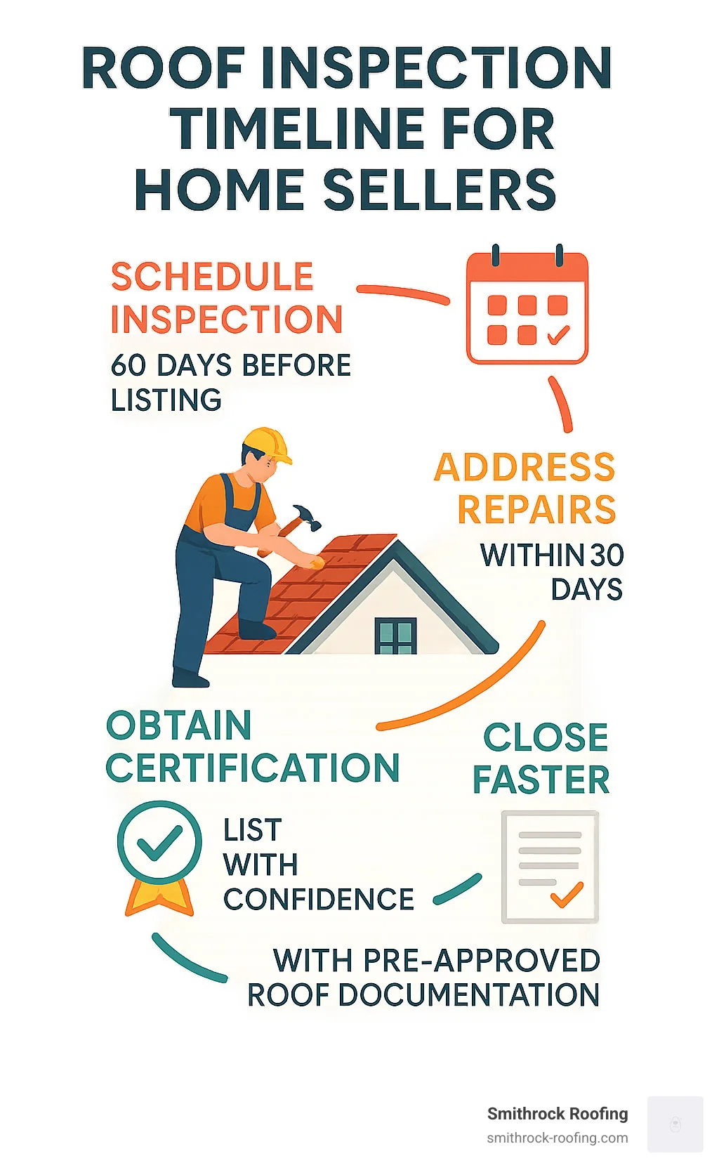 Roof inspection timeline infographic for selling your house: schedule, repair, certify, and close faster with pre-approved do