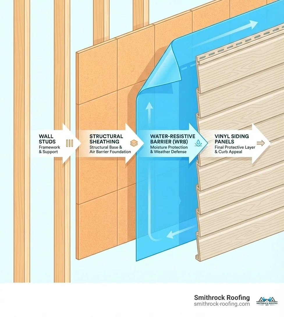 Labeled diagram of exterior wall layers—studs, sheathing, water barrier, and vinyl siding—for mastering exterior installation