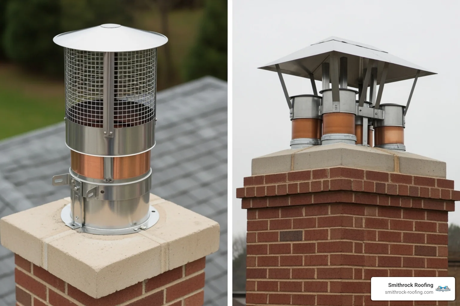 Diagram showing a comparison of a single-flue and a multi-flue chimney cap side-by-side on a diagram. The single-flue cap is mounted directly to one flue, while the multi-flue cap covers several flues and the entire chimney crown. - best types of chimney caps Diagram comparing single-flue and multi-flue chimney caps side-by-side, highlighting top tier chimney cap styles and coverage