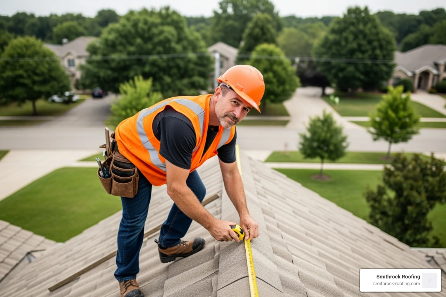 Professional roofer measuring roof dimensions with measuring tape - roof replacement costs
