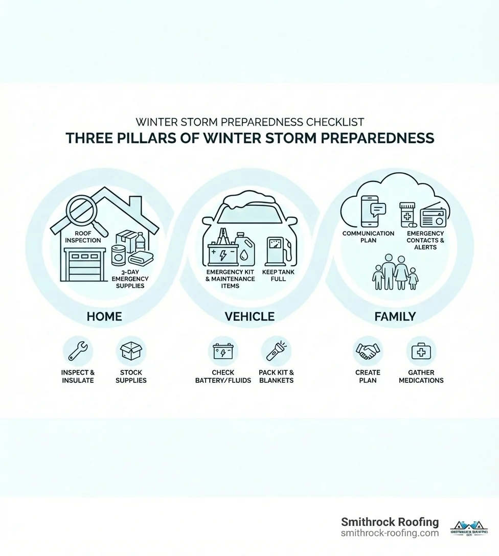 infographic showing three pillars of winter storm preparedness with home icon showing roof inspection and supplies, car icon showing emergency kit and maintenance items, and family icon showing communication plan and emergency contacts - winter storm checklist infographic Infographic showing three pillars of a winter storm checklist: home prep, car emergency kit, and family communication plan.