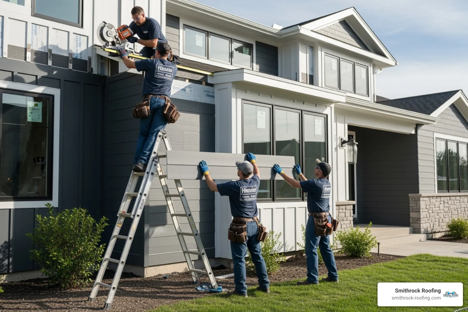 Professional installers mounting Hardie Board siding on a modern home, highlighting expert craftsmanship in vinyl vs Hardie B