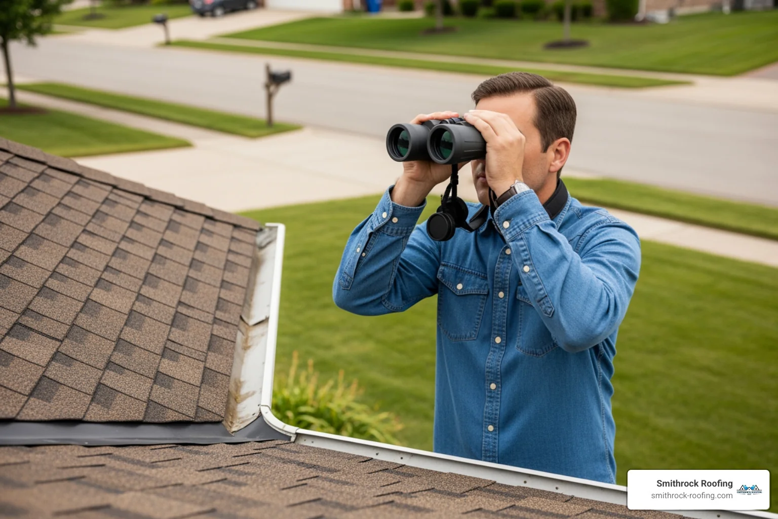 A homeowner standing safely on their lawn using a pair of high-powered binoculars to inspect the roof shingles and flashing for signs of storm damage - damaged roof Homeowner using binoculars on lawn to inspect roof shingles and flashing for signs of storm damage