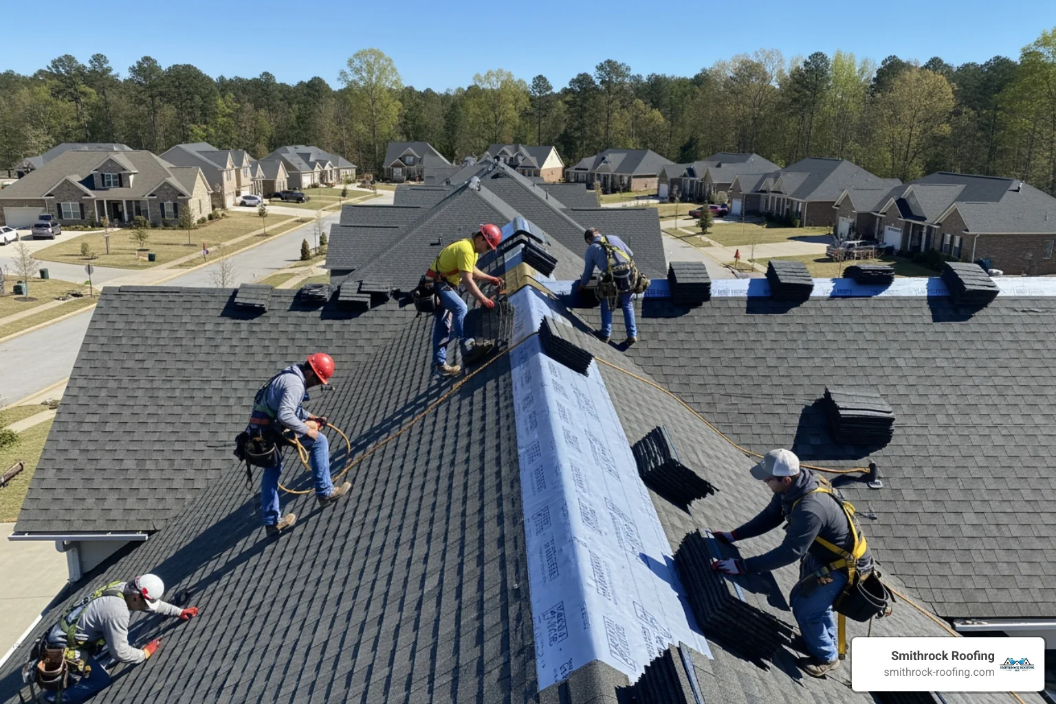 Professional roofing crew installing shingles on a residential home in Winston-Salem - roofing companies Winston Salem Professional roofing crew installing shingles on a residential home in Winston-Salem - roofing companies Winston Salem