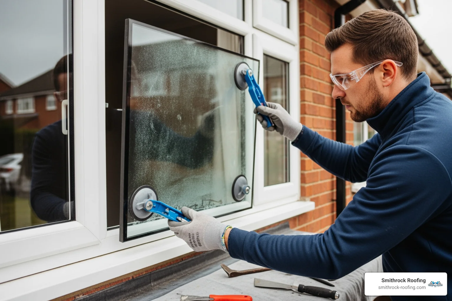 professional technician carefully removing a misted glass unit from a window frame - replacing misted double glazed units near me professional technician carefully removing a misted glass unit from a window frame - replacing misted double glazed units near me