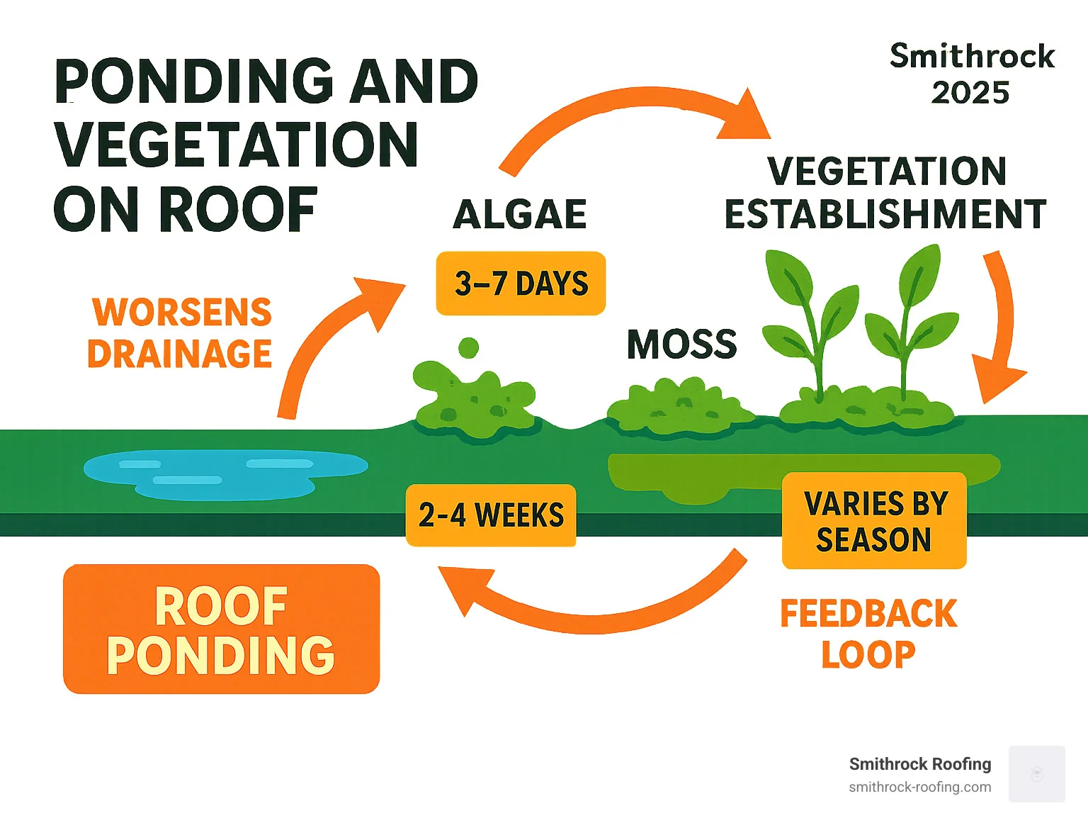 Detailed infographic showing the progression from roof ponding to vegetation establishment, including timeline of algae growth (3-7 days), moss development (2-4 weeks), and seed germination (varies by season), with arrows indicating how each stage worsens drainage and creates feedback loops - ponding and vegetation on roof infographic Infographic showing roof ponding to vegetation feedback loop: algae (3-7 days), moss (2-4 weeks), and seed germination stages