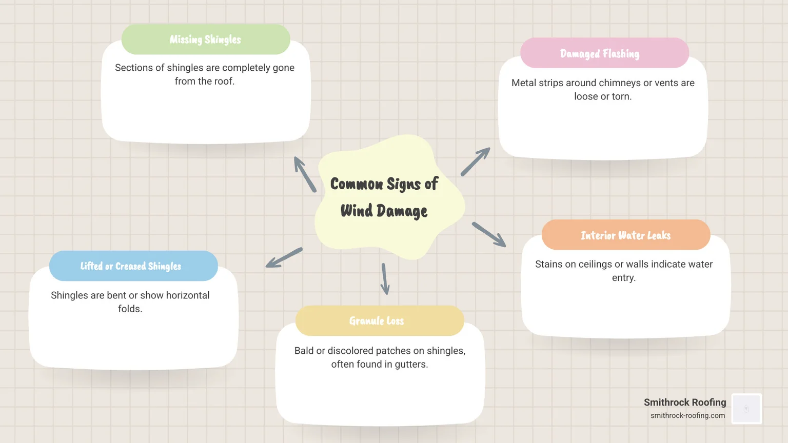 Infographic showing common signs of wind damage to a roof, including missing shingles, lifted or creased shingles, granule loss, damaged flashing, and interior water leaks. - wind damage to roof infographic mindmap-5-items Infographic outlining 5 common signs of wind damage to a roof: missing shingles, lifting, granule loss, flashing issues, leak
