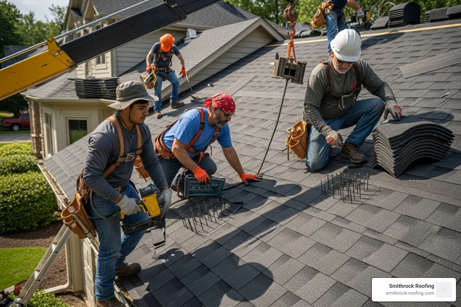 Smithrock Roofing crew installing a residential roof with professional equipment, demonstrating safe roof replacement practic