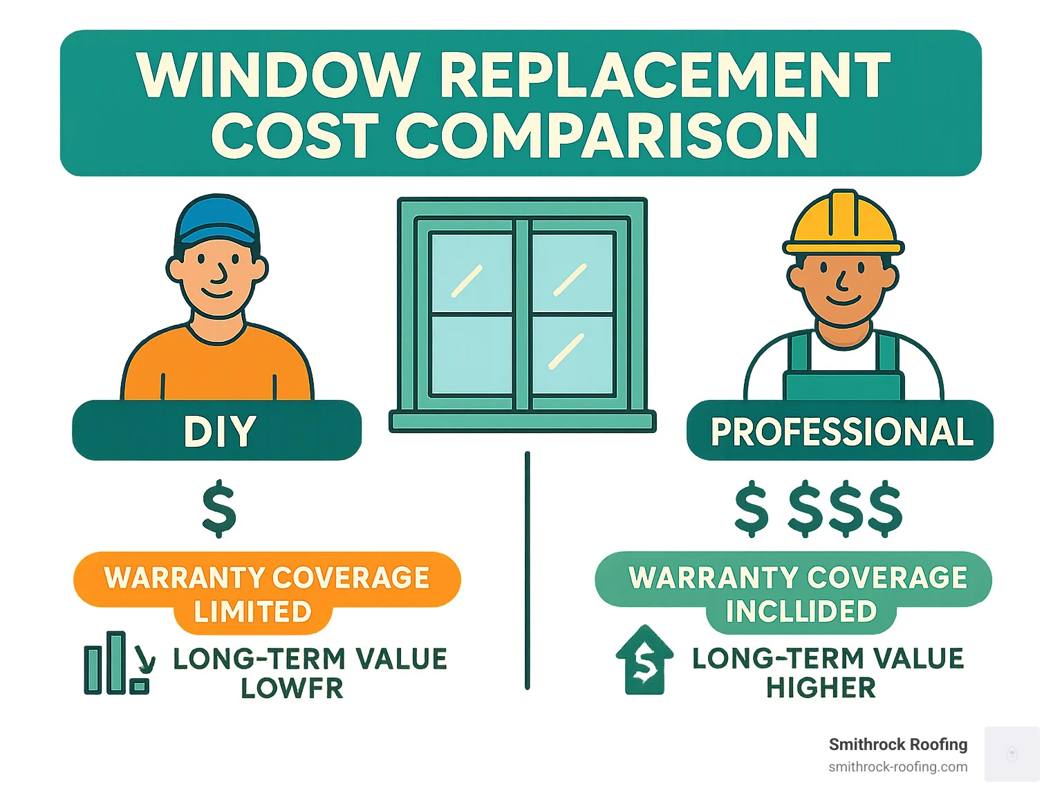 window replacement cost comparison infographic showing DIY vs professional installation costs, warranty coverage, and long-term value - window replacement infographic Infographic comparing DIY vs professional window replacement costs, warranty coverage, and long-term value for homeowners.