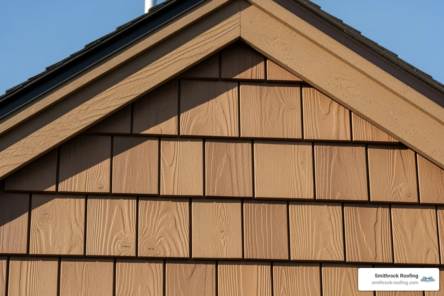 close-up on a gable with staggered hand-split vinyl shakes - vinyl siding options close-up on a gable with staggered hand-split vinyl shakes - vinyl siding options