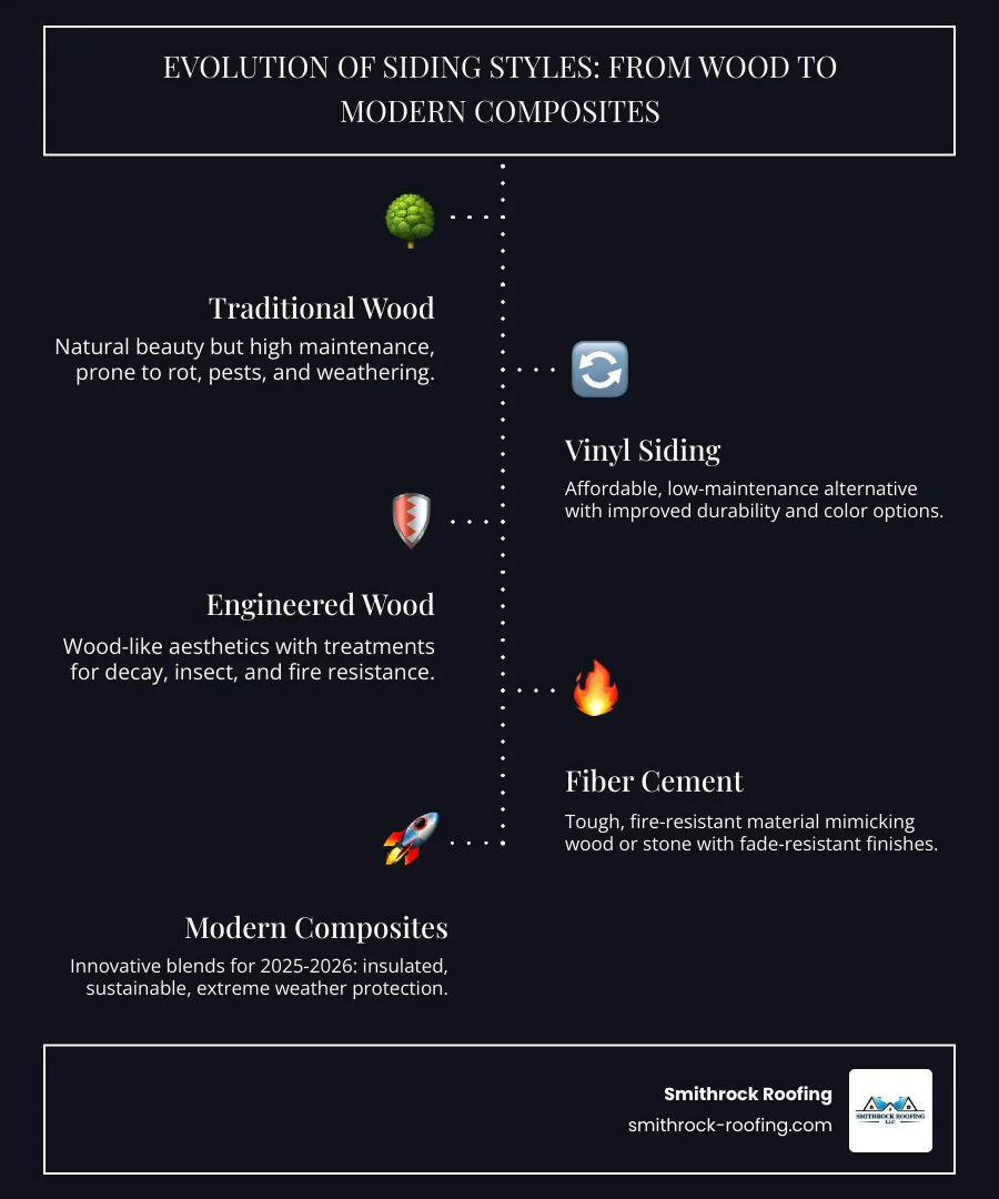 Infographic showing evolution of siding styles from wood to modern composites with trending styles for 2025-2026 - new Infographic showing evolution of siding styles from wood to modern composites with trending styles for 2025-2026 - new