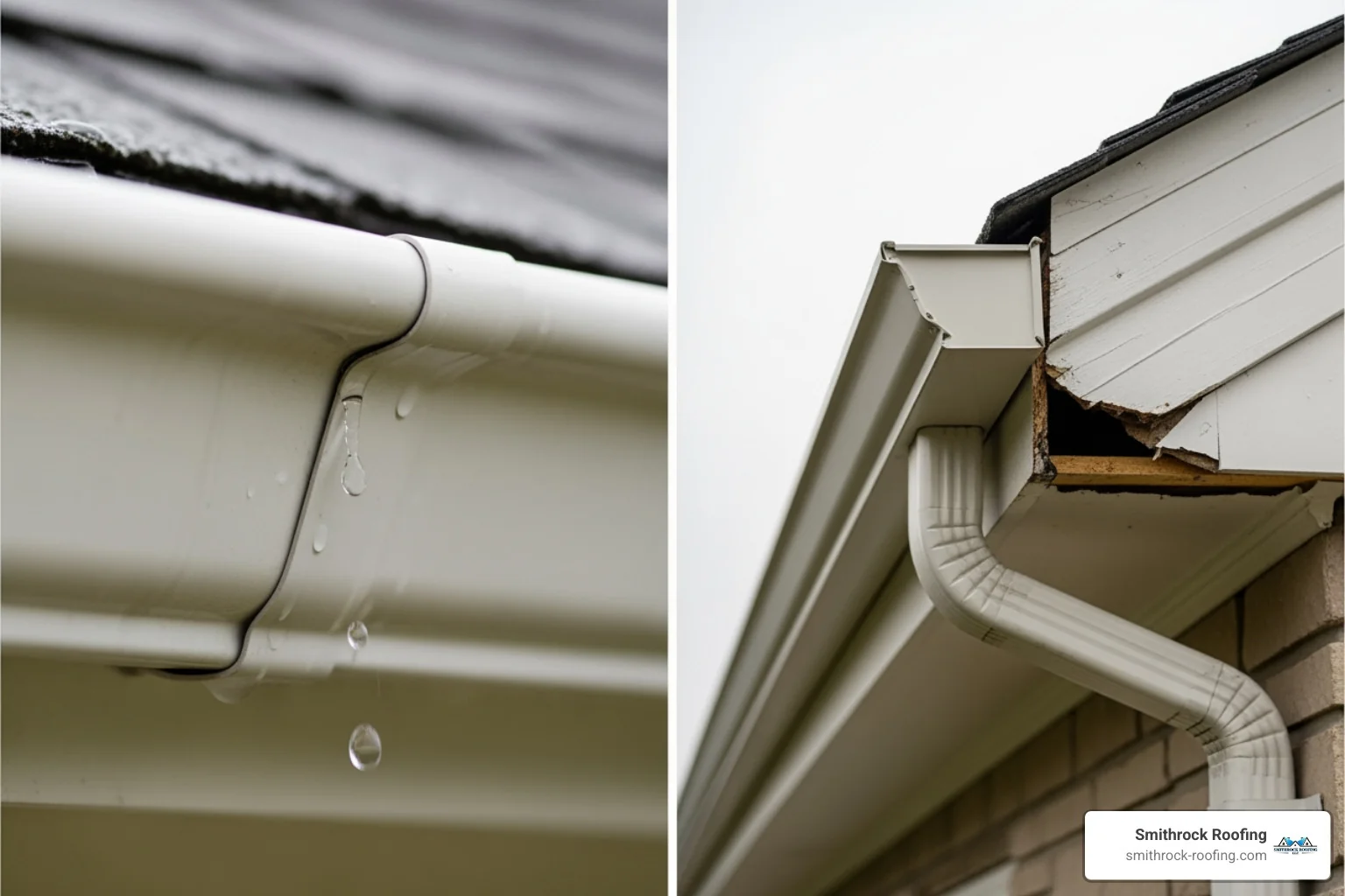 Comparison of a small gutter leak (repair) vs. a severely sagging gutter (replace) - cost of guttering replacement Comparison of a small gutter leak (repair) vs. a severely sagging gutter (replace) - cost of guttering replacement