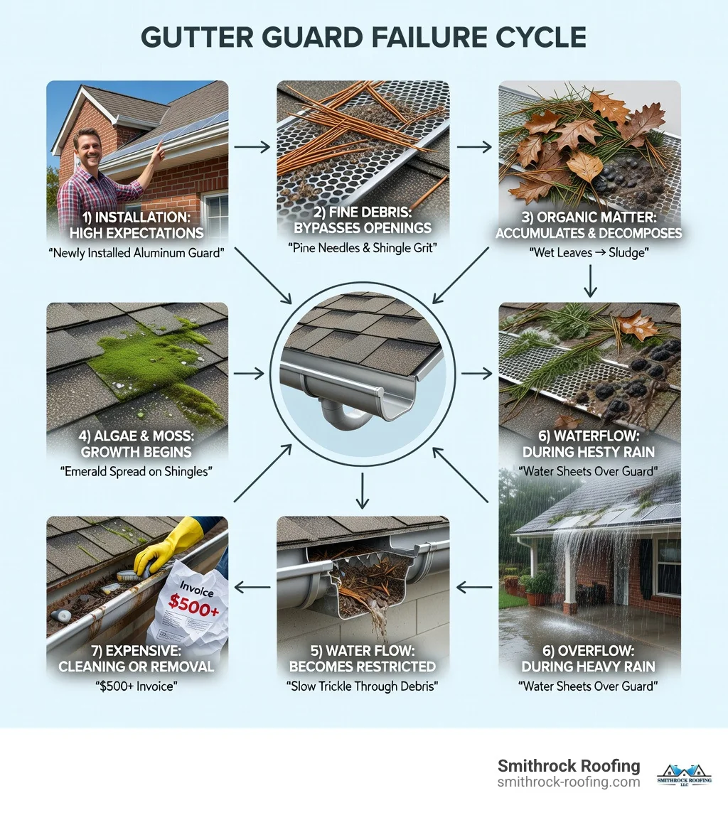 Infographic showing the Gutter Guard Failure Cycle: 1) Installation with high expectations, 2) Fine debris bypasses guard openings, 3) Organic matter accumulates and decomposes, 4) Algae and moss growth begins, 5) Water flow becomes restricted, 6) Overflow occurs during rain, 7) Expensive cleaning or removal required - why gutter guards are bad infographic Infographic illustrating the gutter guard failure cycle, from installation to overflow, showing why gutter guards may cause m