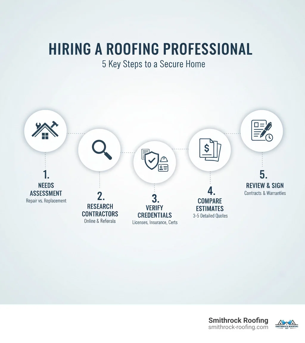 Infographic showing 5 key steps to hiring a professional roofing company: Step 1 - Identify your roofing needs (repair vs replacement), Step 2 - Research local contractors using online searches and referrals, Step 3 - Verify licenses, insurance, and certifications, Step 4 - Compare detailed written estimates from 3-5 companies, Step 5 - Review contracts and warranties before signing - professional roofing company near me infographic 5-step infographic for hiring a professional roofing company: identify needs, research contractors, verify credentials, compa