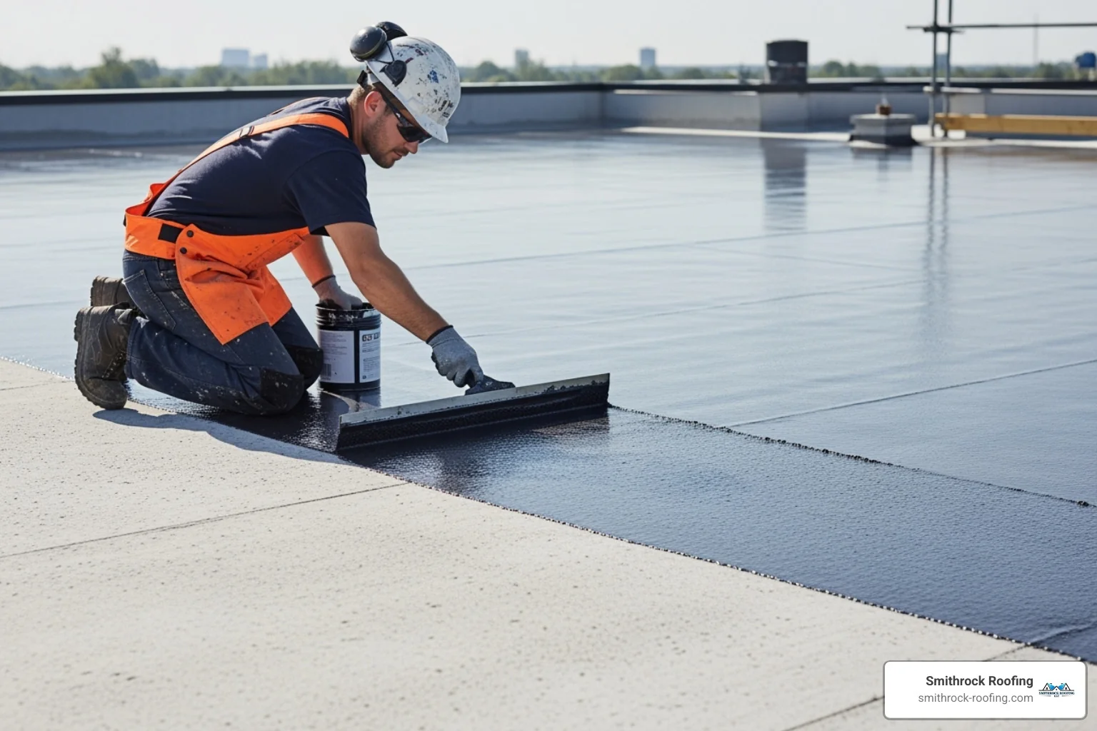 A skilled roofer carefully applying a liquid membrane to a concrete roof slab, ensuring complete coverage and a seamless waterproof barrier - roof slab leak repair Roofer applying liquid membrane to concrete slab for seamless waterproof roof slab leak repair
