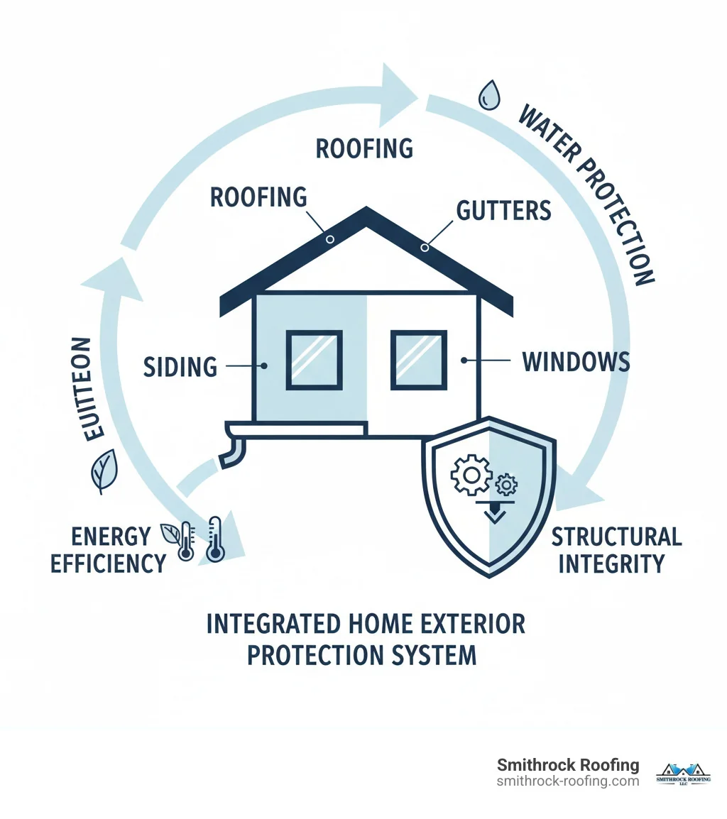 Infographic showing how roofing, siding, gutters, and windows work together as an integrated home exterior protection system, with labels for each component and arrows indicating how they protect against water damage, improve energy efficiency, and maintain structural integrity - best roofing and siding infographic Infographic showing roofing, siding, gutters, and windows working together to protect against water damage and improve energy