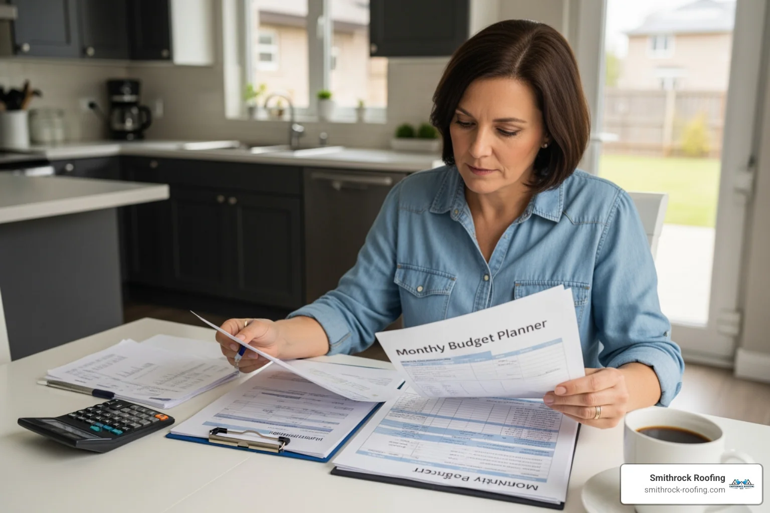 Homeowner reviewing financial documents and monthly budget for home improvement - roof replacement payment plans Homeowner reviewing financial documents and monthly budget for home improvement - roof replacement payment plans