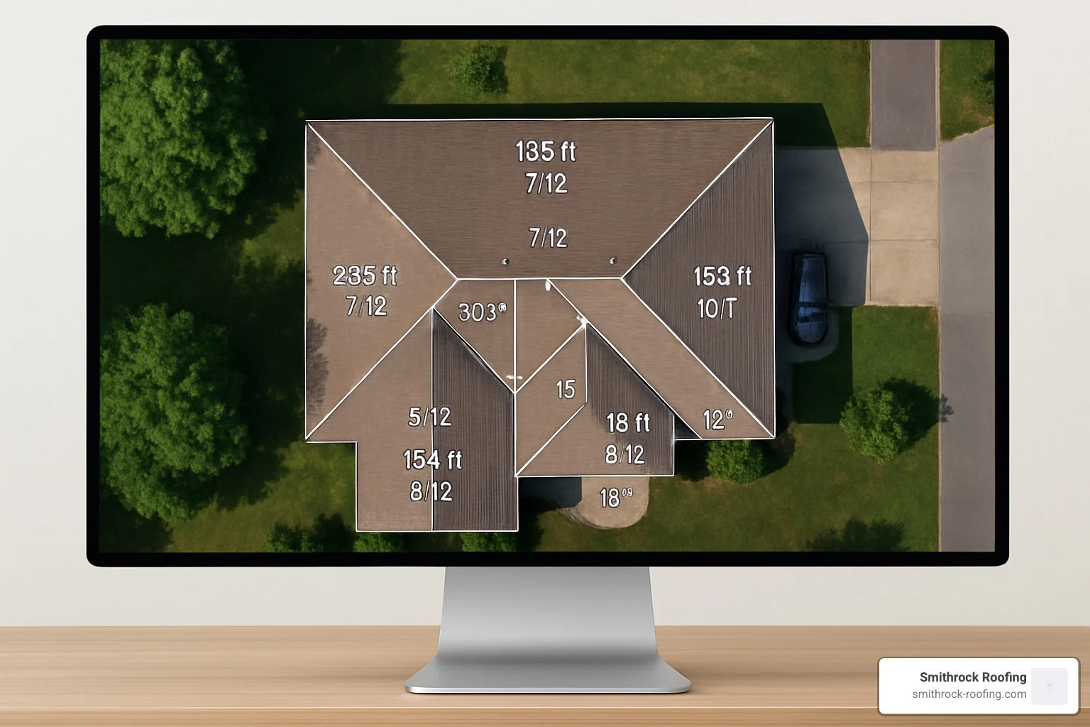 Satellite-based roof measurement technology calculating dimensions and pitch Satellite-based roof measurement technology calculating dimensions and pitch