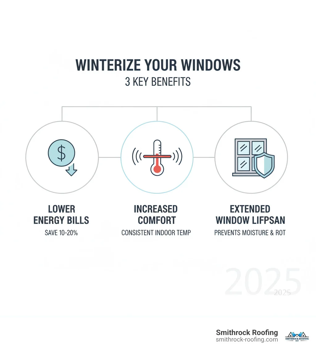 infographic showing three main benefits of winterizing windows: a dollar sign with downward arrow representing lower energy bills averaging 10-20% savings, a thermometer showing consistent indoor temperature for increased comfort, and a window icon with a shield representing extended window lifespan by preventing moisture damage and rot - winterizing your windows infographic Winterizing windows infographic: lower energy bills 10–20%, consistent indoor temps, and extended lifespan by preventing mois