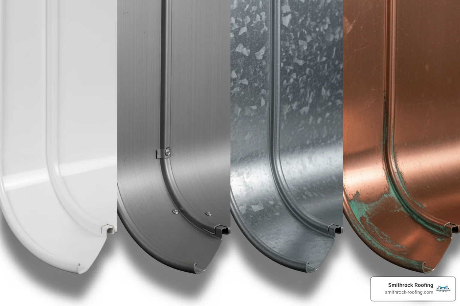 Collage showing vinyl, aluminum, steel, and copper gutters - cost of guttering replacement Collage showing vinyl, aluminum, steel, and copper gutters - cost of guttering replacement