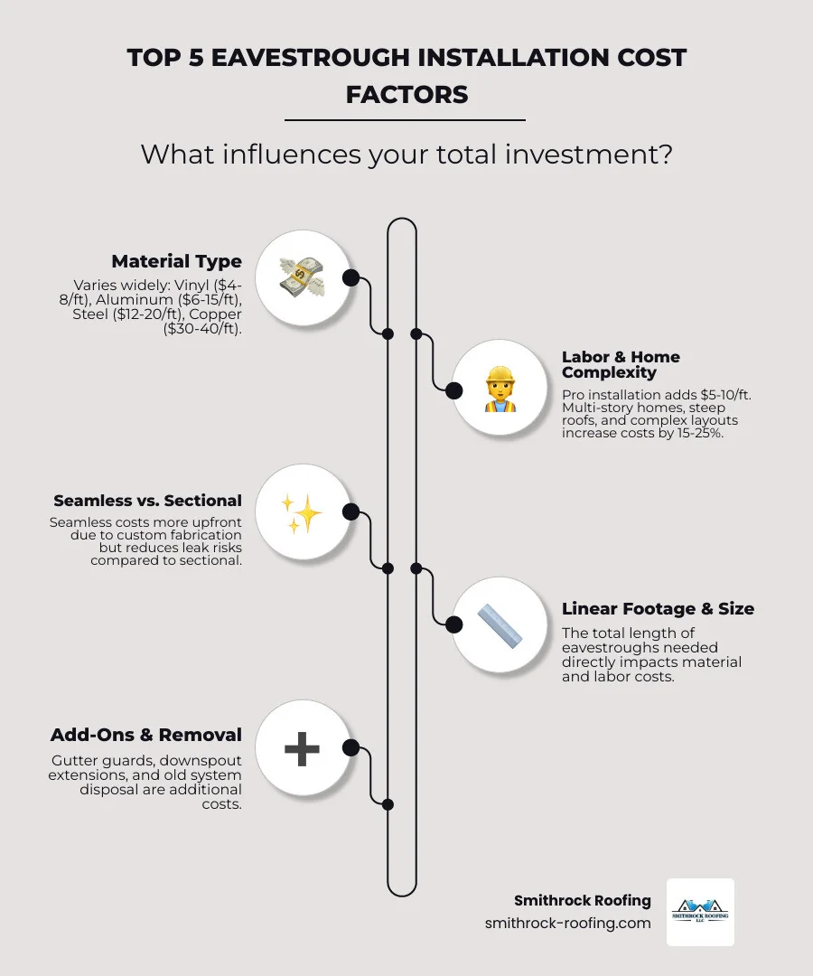 infographic showing the top 5 cost factors for eavestrough installation: material type with price ranges, linear footage needed based on home size, labor complexity including roof pitch and stories, seamless vs sectional installation methods, and additional components like gutter guards and downspouts - eavestrough installation prices infographic infographic-line-5-steps-elegant_beige Infographic outlining 5 key eavestrough installation cost factors: materials, footage, labor, seamless vs sectional, and add-