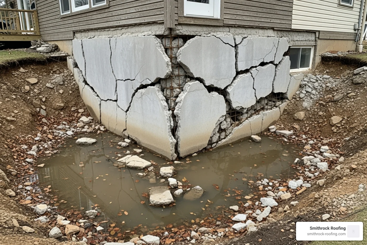Damaged foundation with cracks due to water pooling - gutter installation services near me Damaged foundation with cracks due to water pooling - gutter installation services near me