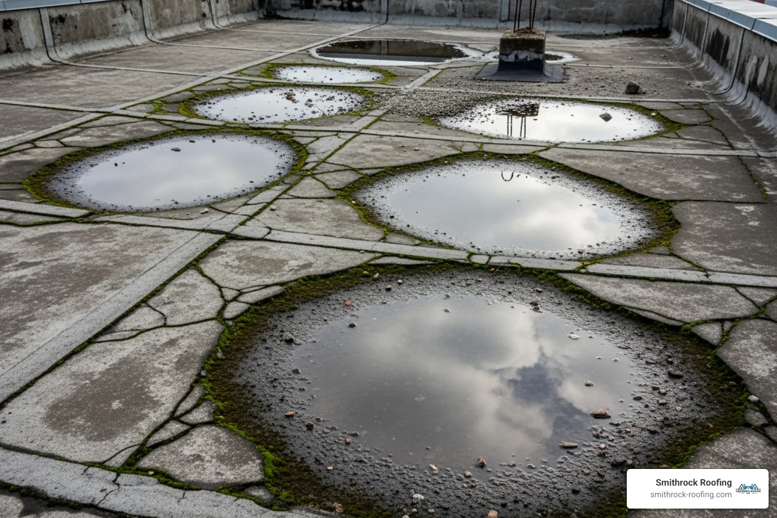 A cracked and weathered concrete flat roof with areas of ponding water, illustrating common causes of leaks - roof slab leak repair A cracked and weathered concrete flat roof with areas of ponding water, illustrating common causes of leaks - roof slab leak repair