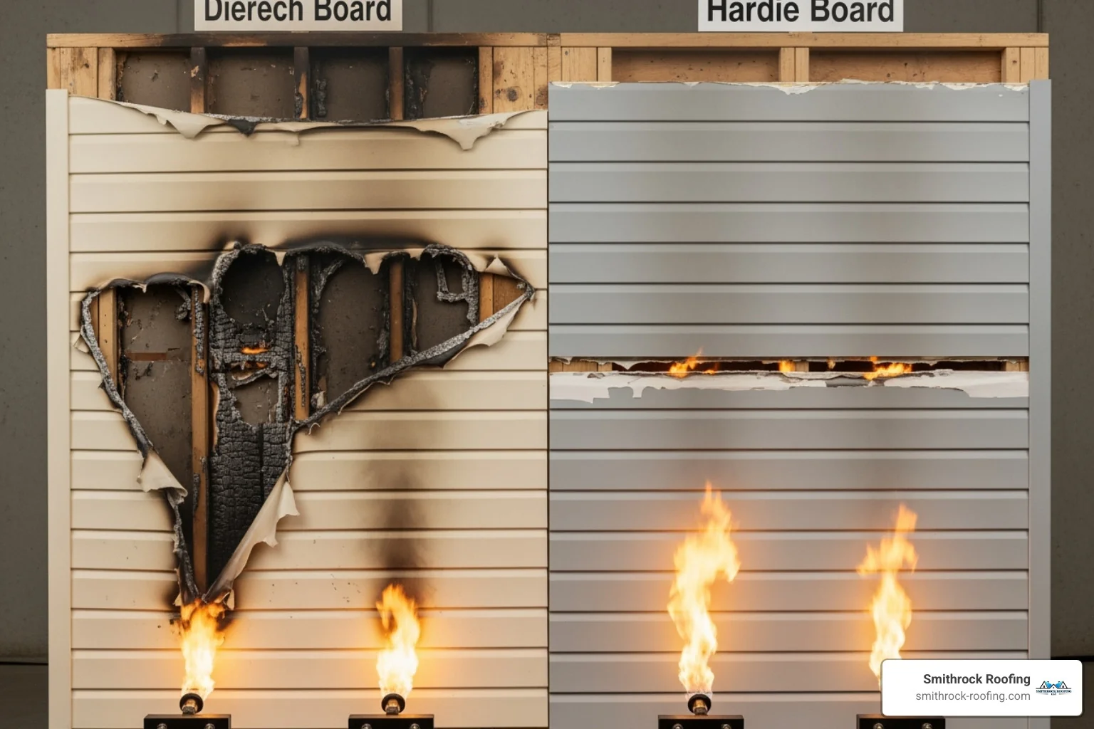 Side-by-side fire test: vinyl siding melting under heat while Hardie Board siding remains intact, showing clear fire resistan