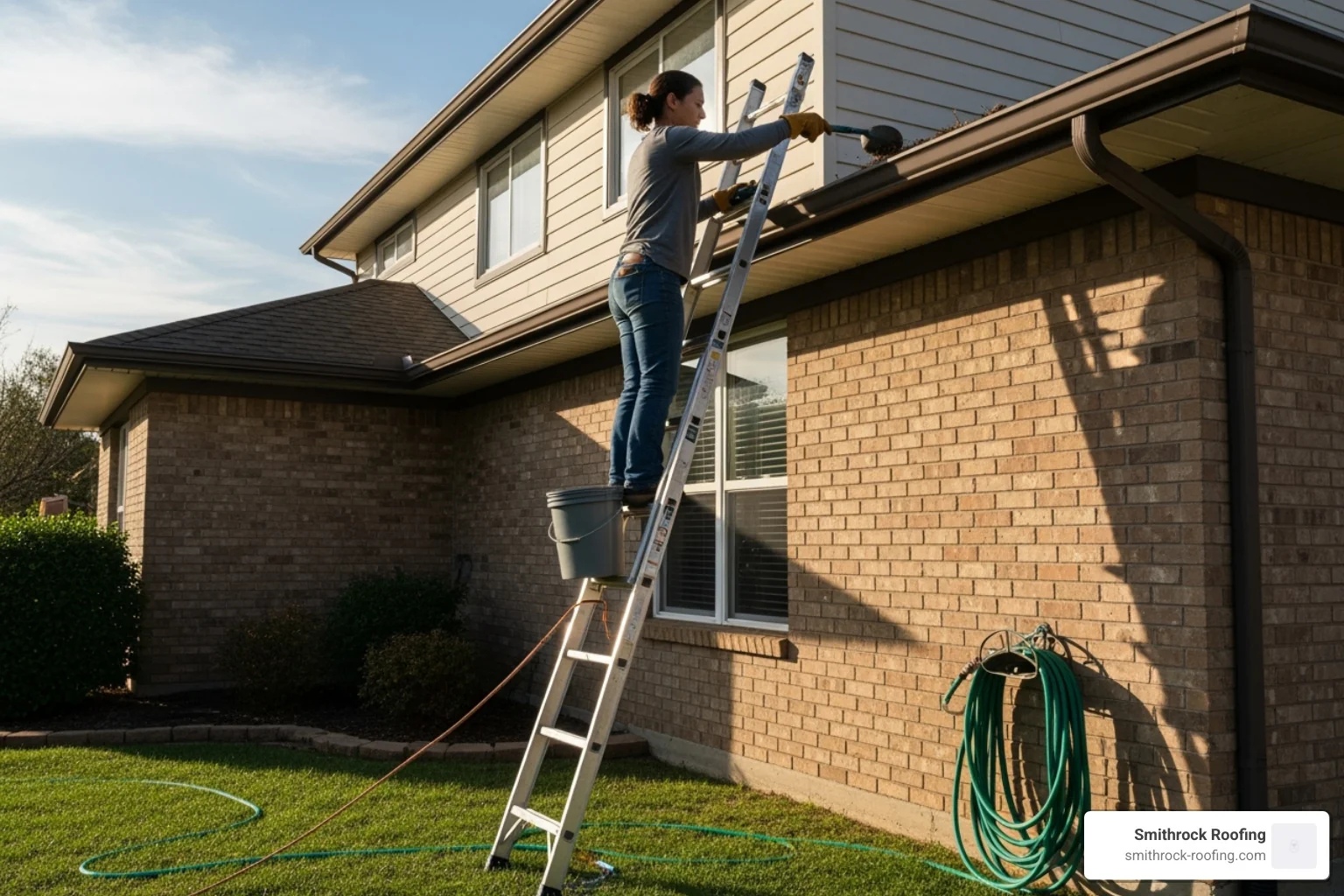person safely cleaning gutters from a ladder - gutter and downspout installation person safely cleaning gutters from a ladder - gutter and downspout installation
