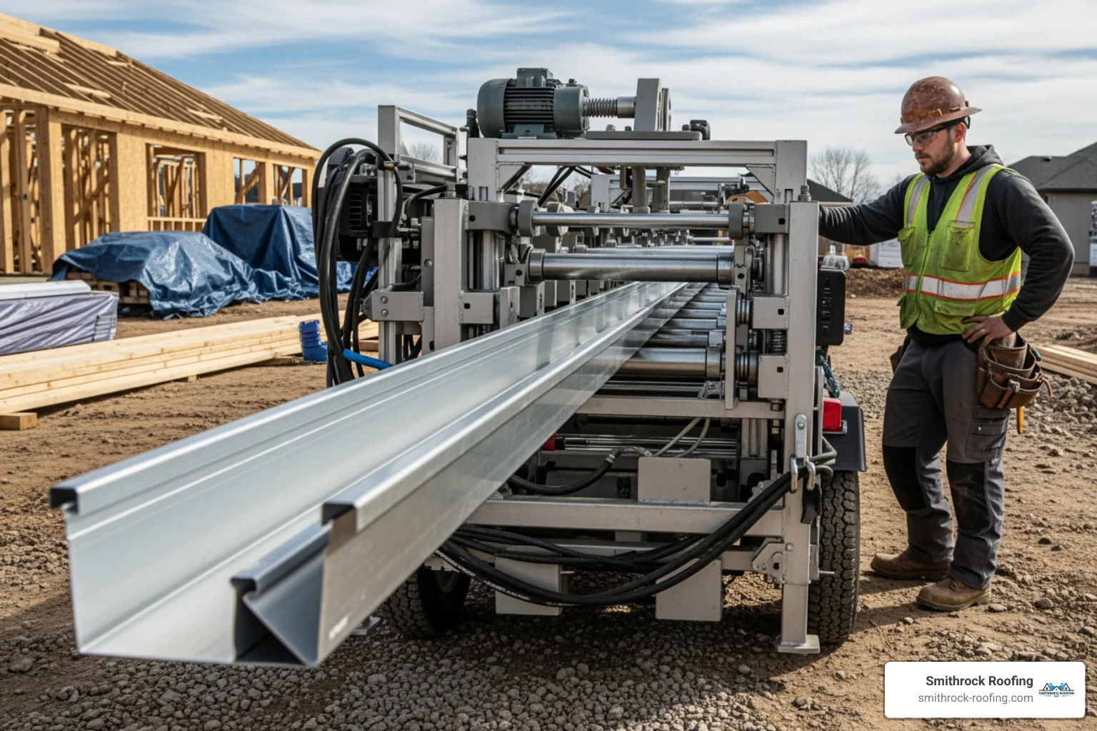 seamless gutter being extruded from a machine on-site - gutter installation for businesses seamless gutter being extruded from a machine on-site - gutter installation for businesses