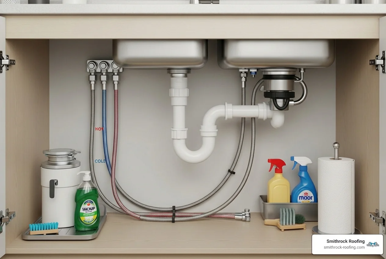 area under a kitchen sink showing a P-trap and supply lines - ceiling water leakage solution area under a kitchen sink showing a P-trap and supply lines - ceiling water leakage solution