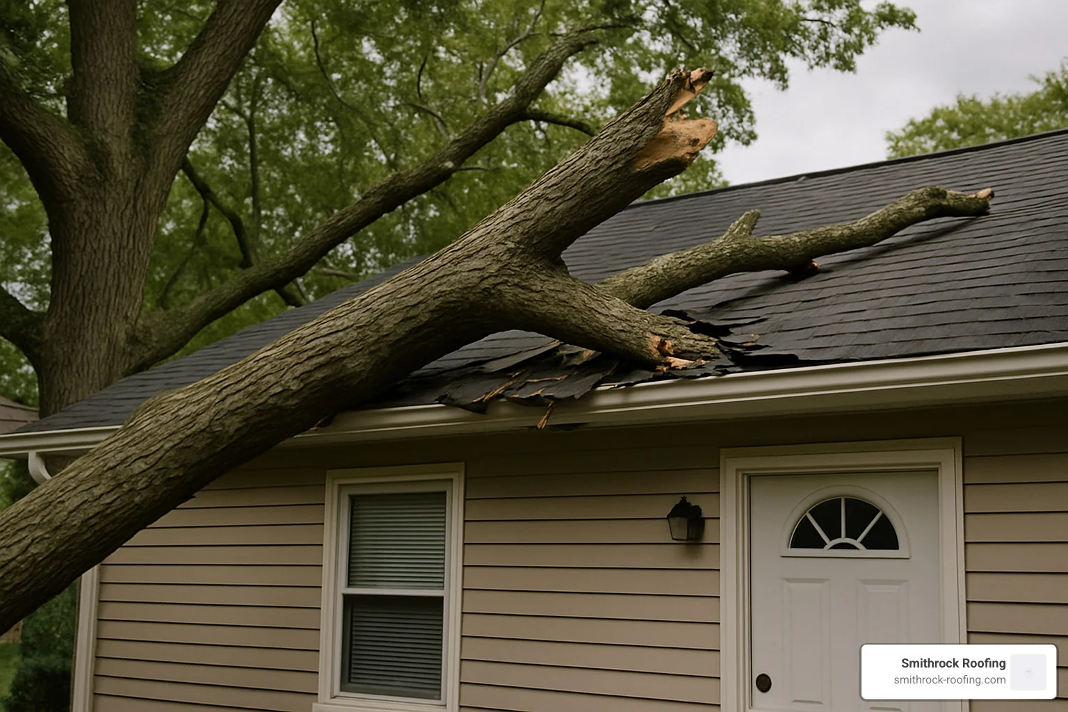 Large tree branch that has fallen on a house's roof - emergency roofer