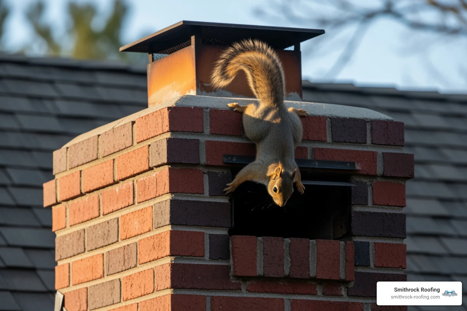 A squirrel attempting to enter an uncapped chimney, highlighting the need for a cap to prevent animal intrusion. - chimney cap problems A squirrel attempting to enter an uncapped chimney, highlighting the need for a cap to prevent animal intrusion. - chimney cap problems