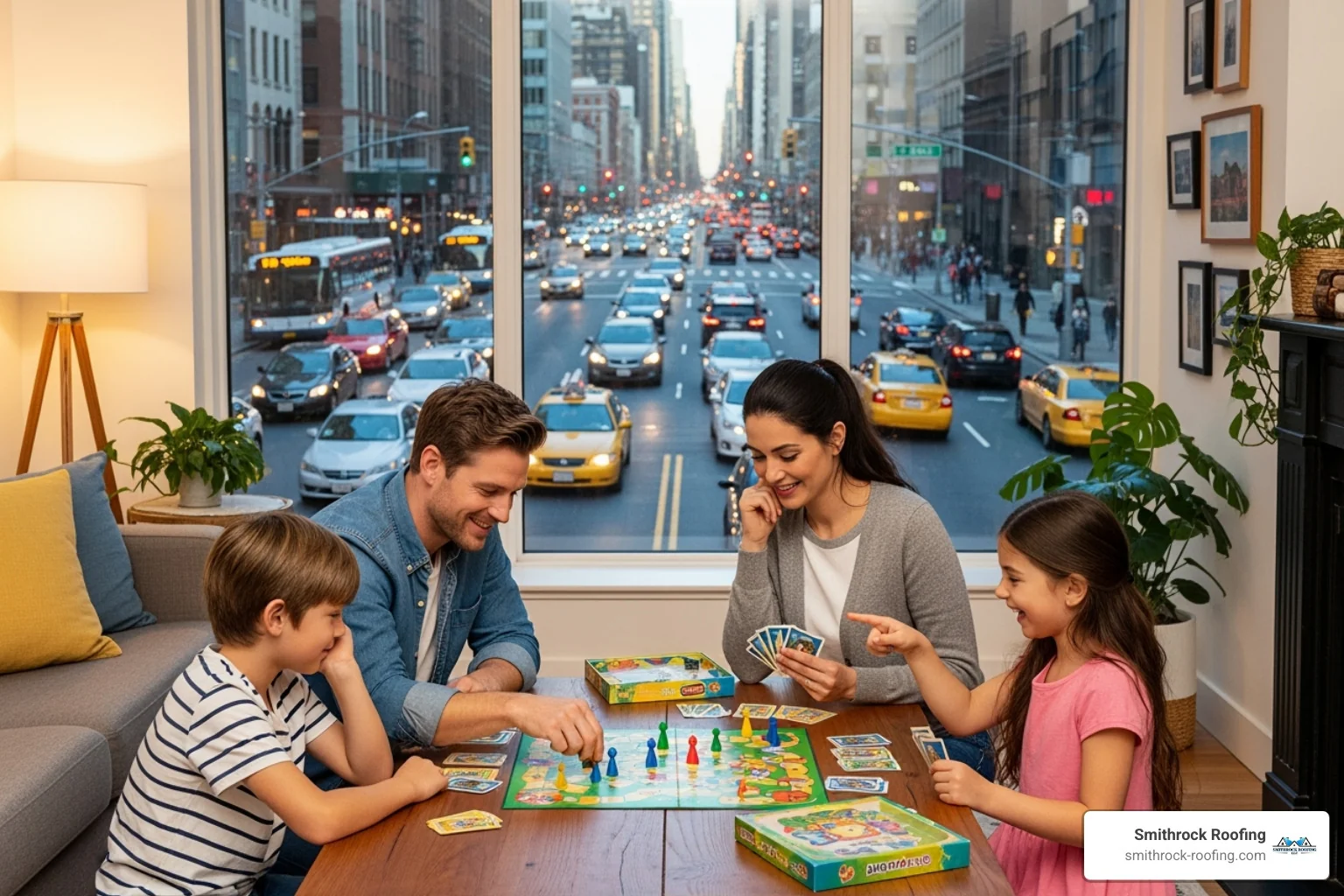 A family is enjoying a quiet activity like reading or playing a board game in a brightly lit living room. Outside the window, a busy street scene with cars and pedestrians is visible, but the family inside appears undisturbed and peaceful, illustrating the noise reduction benefits of insulated windows. - insulated windows Family relaxing peacefully indoors near insulated windows while a busy street buzzes outside unnoticed.