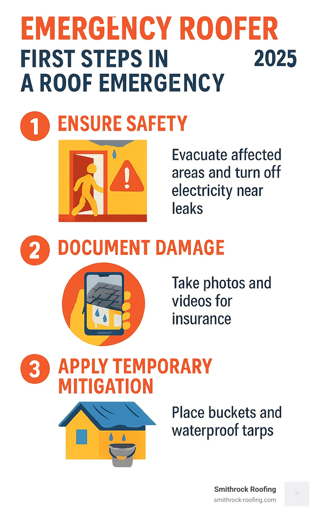 Infographic: 3 critical roof emergency steps—evacuate safely, document damage, apply temporary fixes like tarps and buckets.