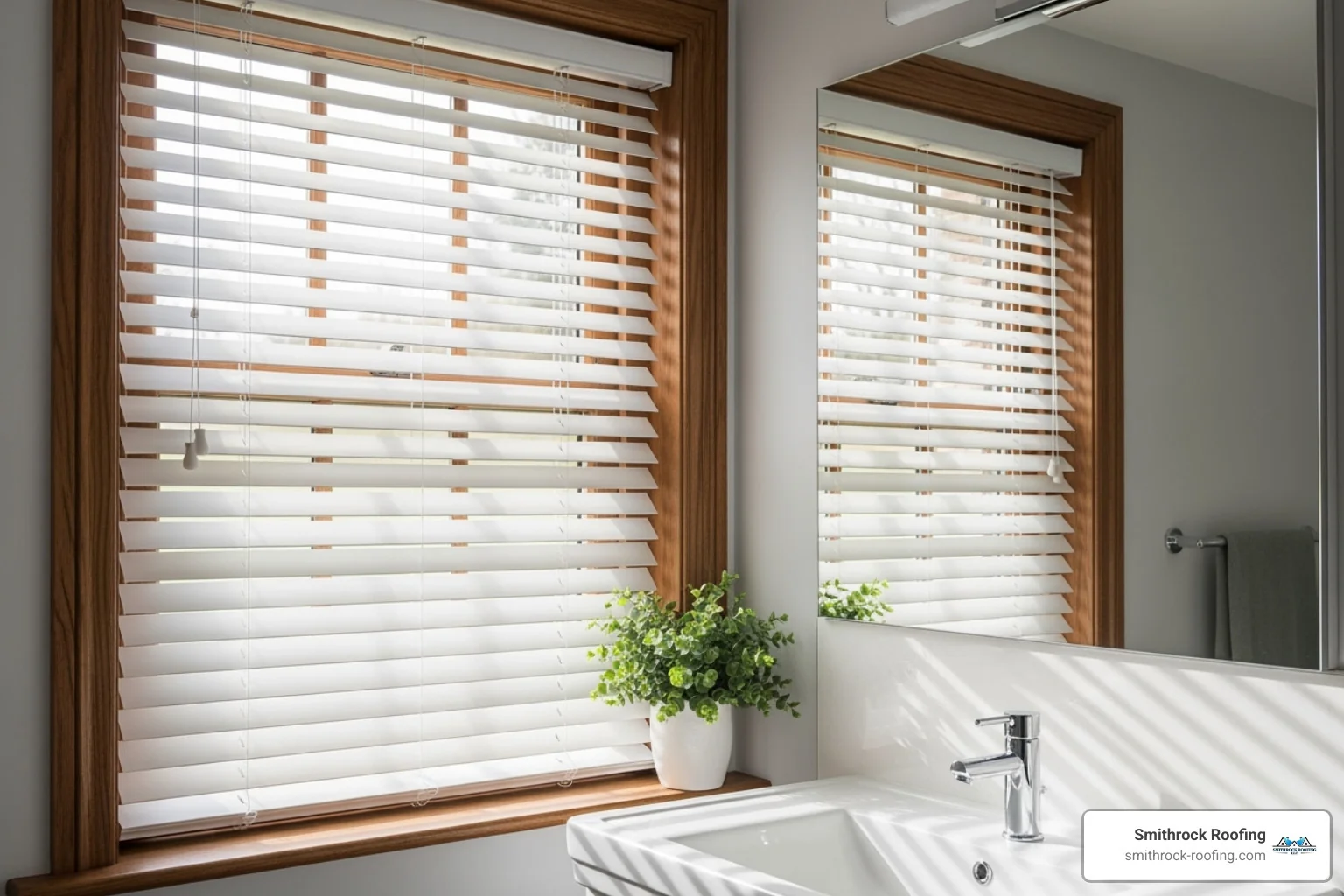 Classic white faux wood blinds installed in a stylish, well-lit bathroom, highlighting their resilience to moisture and neat appearance - best window blinds Classic white faux wood blinds in a bright bathroom, showcasing moisture-resistant durability—among the best window blinds fo