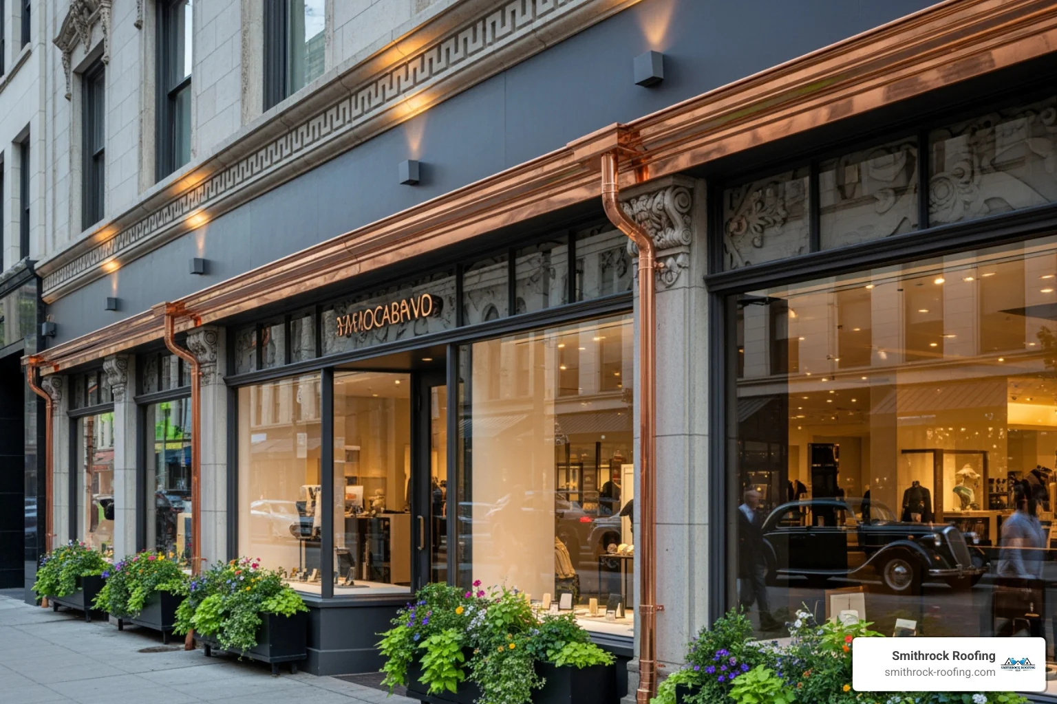 stylish copper gutters on a high-end commercial storefront - gutter installation for businesses stylish copper gutters on a high-end commercial storefront - gutter installation for businesses