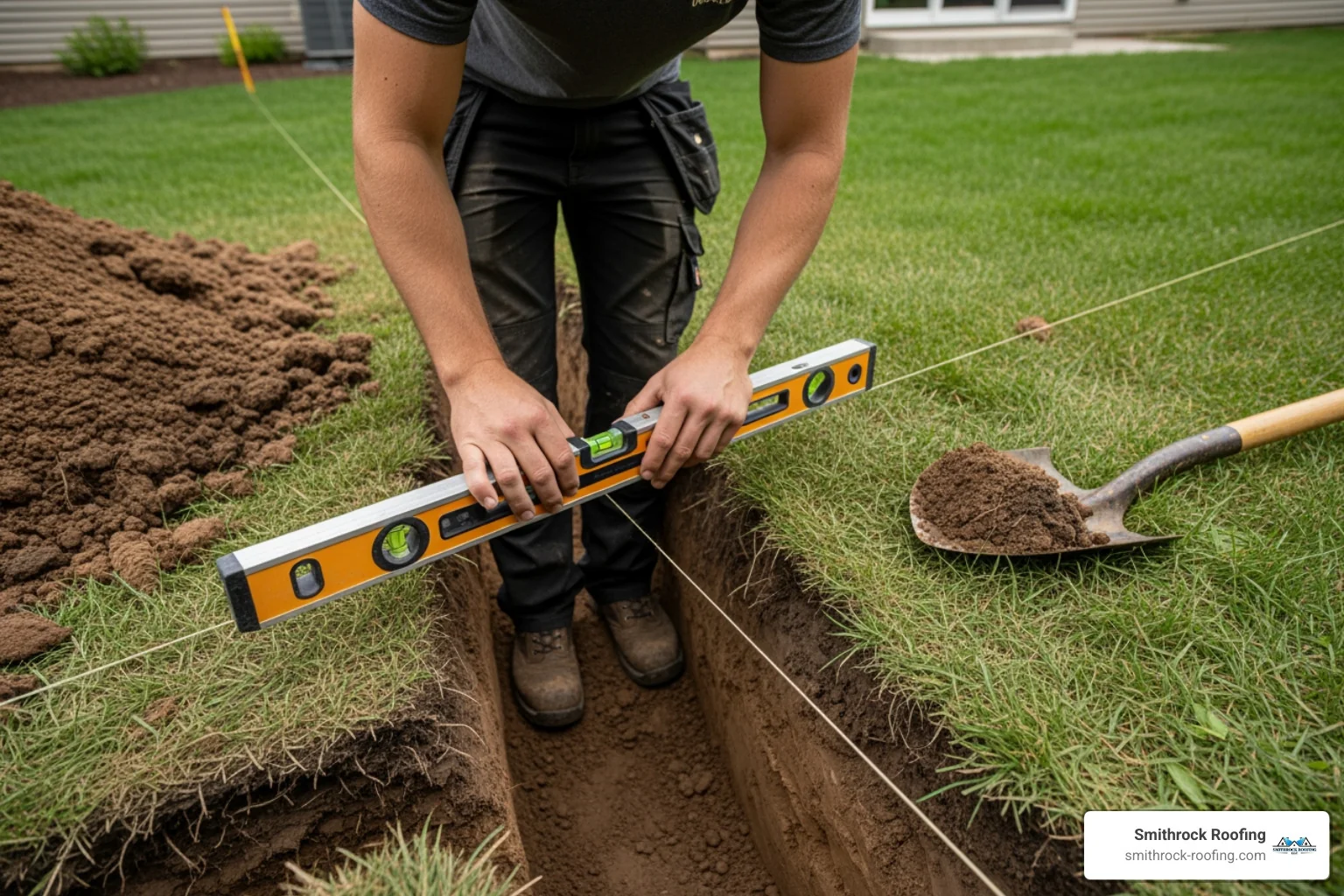A person using a level on a string line across a trench to check the slope - burying gutter downspout A person using a level on a string line across a trench to check the slope - burying gutter downspout