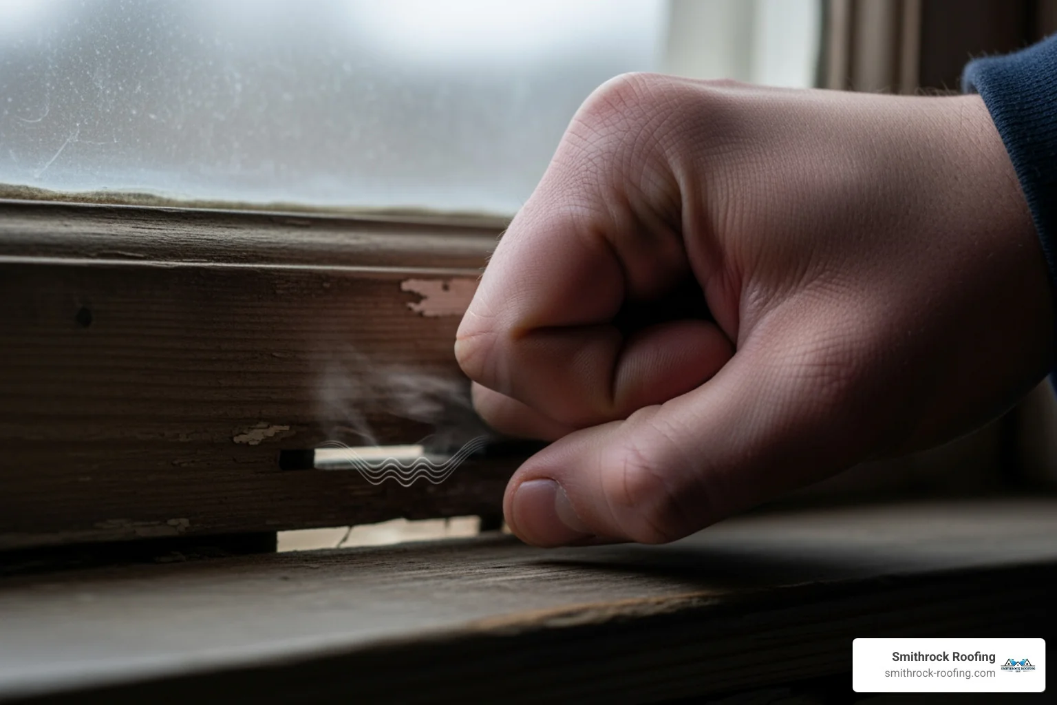 A hand feeling a cold draft coming from the edge of a window sash - insulate drafty windows A hand feeling a cold draft coming from the edge of a window sash - insulate drafty windows