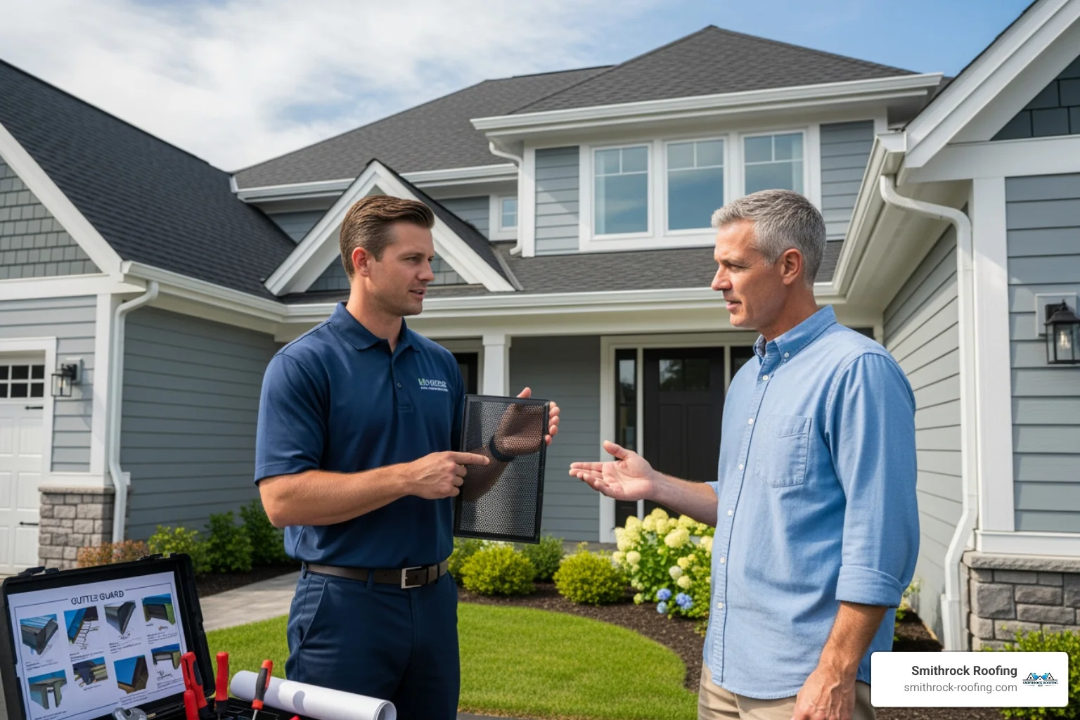 a homeowner discussing gutter guard options with a professional installer - High Point gutter guard a homeowner discussing gutter guard options with a professional installer - High Point gutter guard