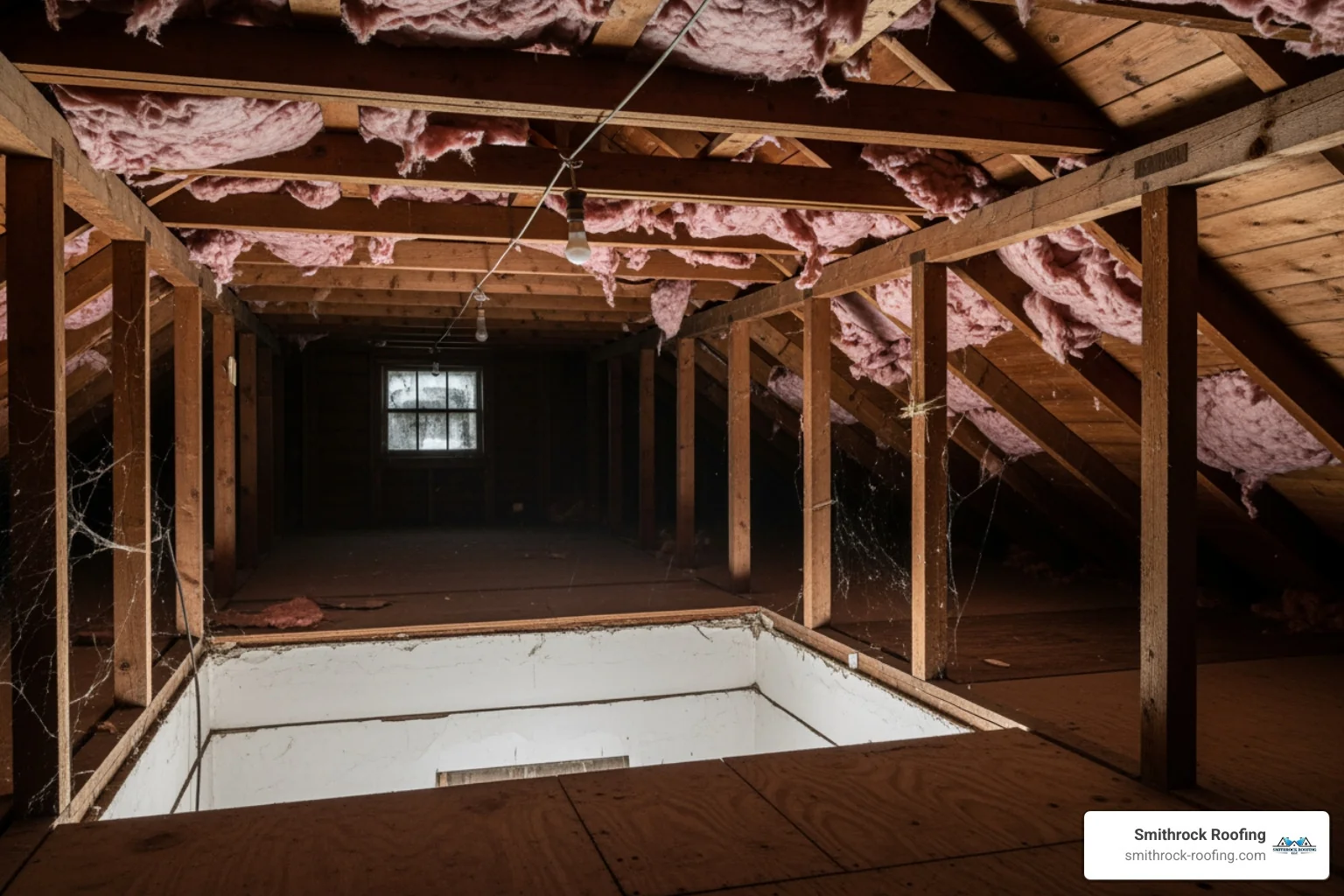 under-insulated attic with visible ceiling joists and fiberglass insulation - Why does snow melt on my roof? (But sticks to my neighbor's roof) Under-insulated attic with exposed ceiling joists and fiberglass insulation causing roof snow melt