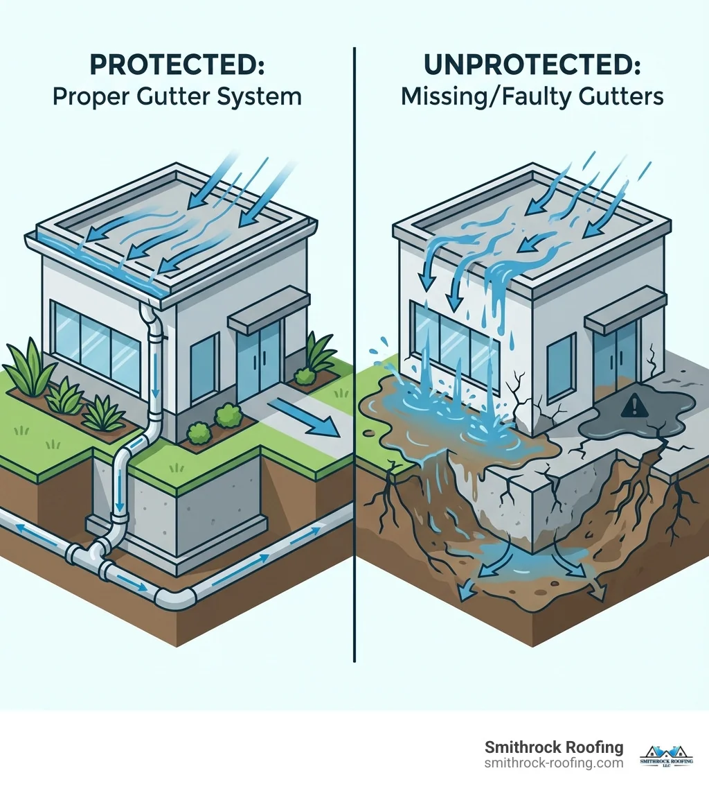 infographic showing water flowing from a commercial building's roof through properly installed gutters and downspouts into drainage systems and away from the foundation, with a contrasting side panel showing water damage, foundation erosion, and structural problems caused by missing or faulty gutters - gutter installation for businesses infographic Commercial gutter installation infographic showing proper drainage vs. foundation erosion and structural damage from faulty g